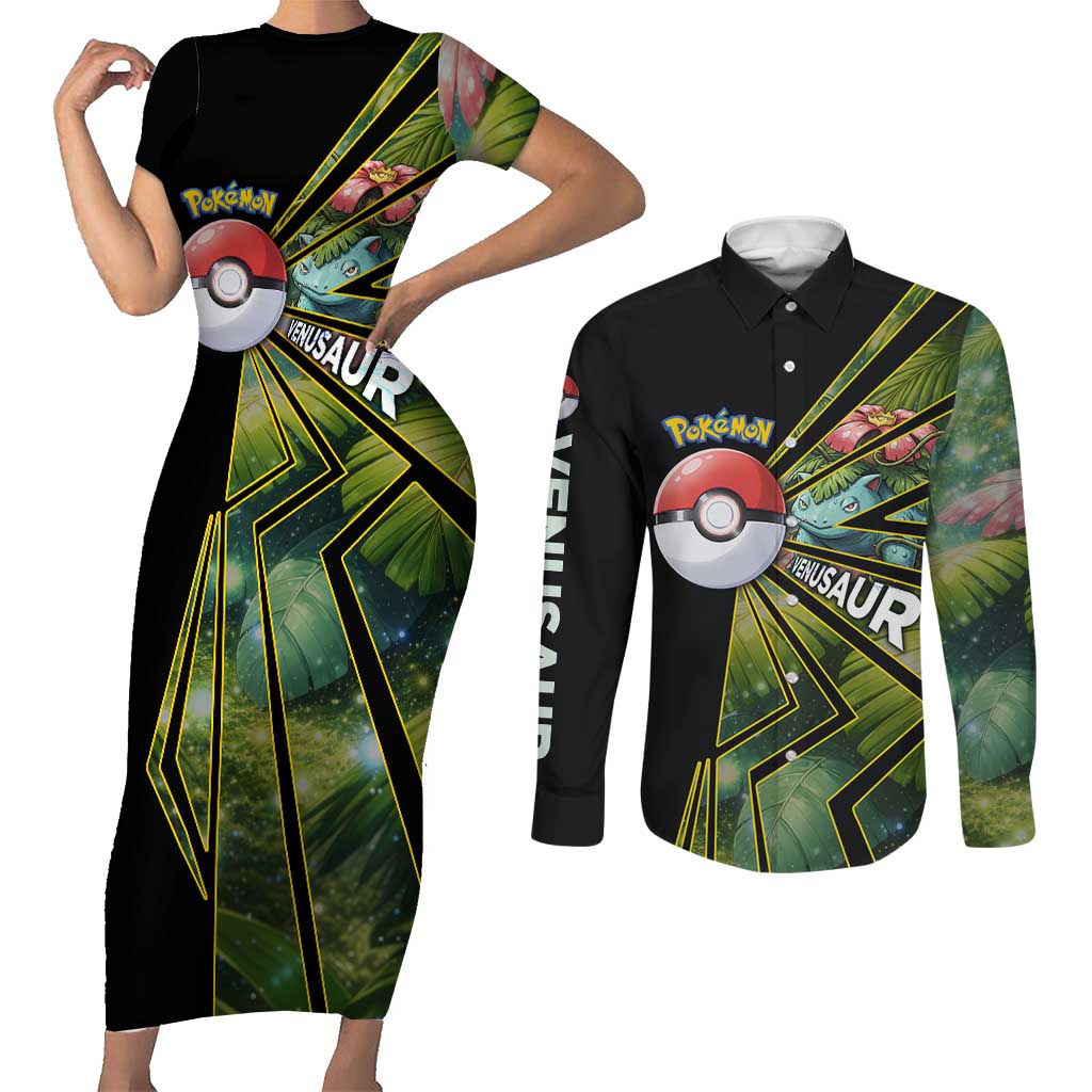 Venusaur Poké Couples Matching Short Sleeve Bodycon Dress and Long Sleeve Button Shirt Jungle Flora Comic Style