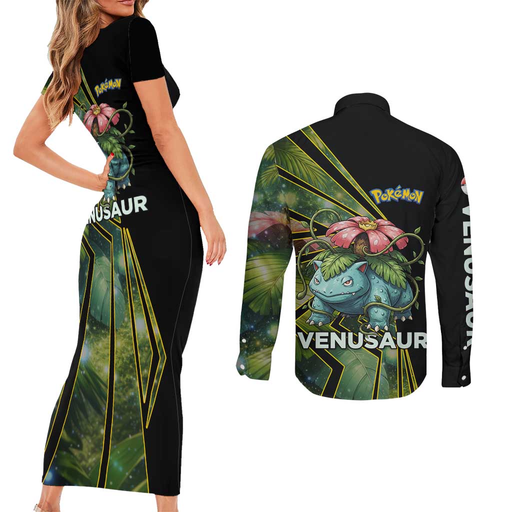 Venusaur Poké Couples Matching Short Sleeve Bodycon Dress and Long Sleeve Button Shirt Jungle Flora Comic Style