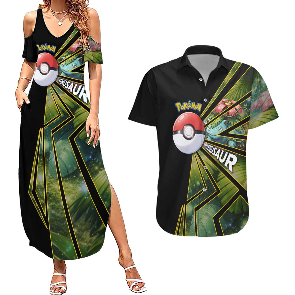 Venusaur Poké Couples Matching Summer Maxi Dress and Hawaiian Shirt Jungle Flora Comic Style