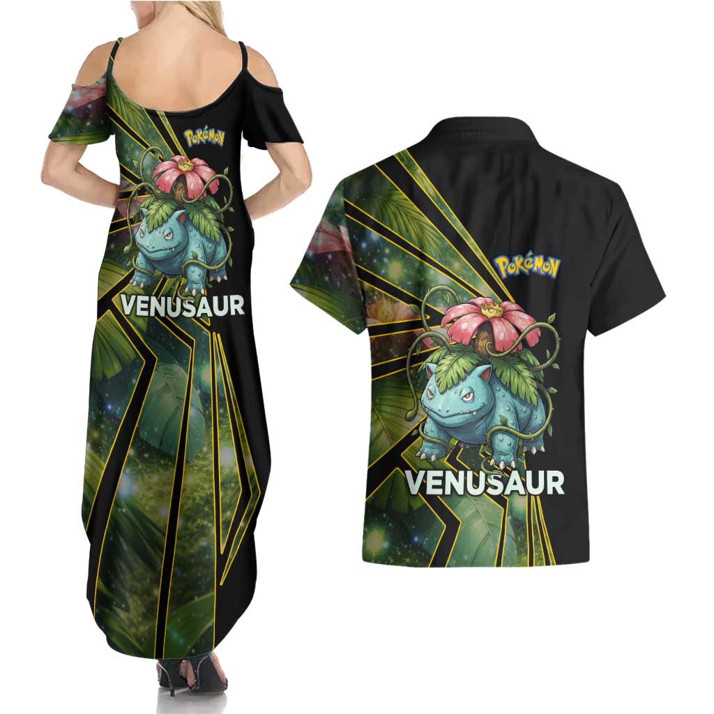 Venusaur Poké Couples Matching Summer Maxi Dress and Hawaiian Shirt Jungle Flora Comic Style