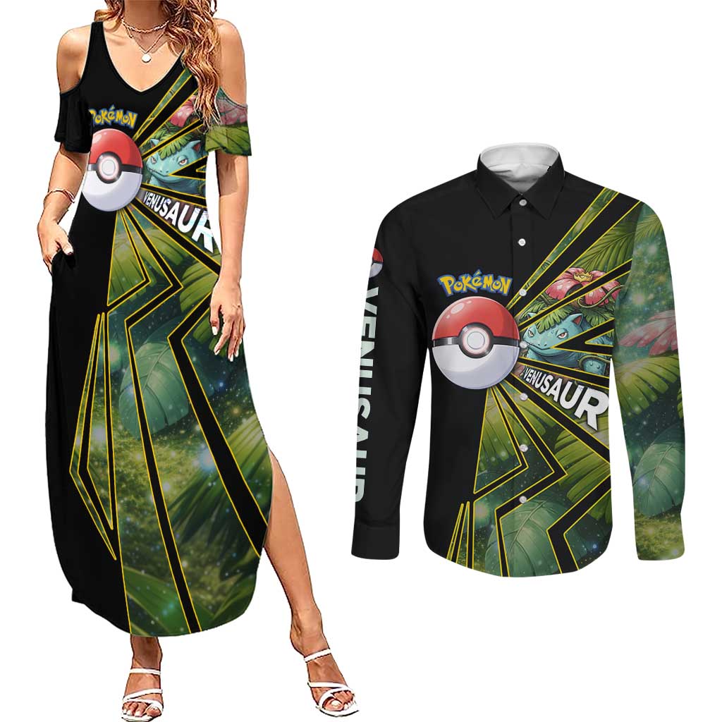 Venusaur Poké Couples Matching Summer Maxi Dress and Long Sleeve Button Shirt Jungle Flora Comic Style