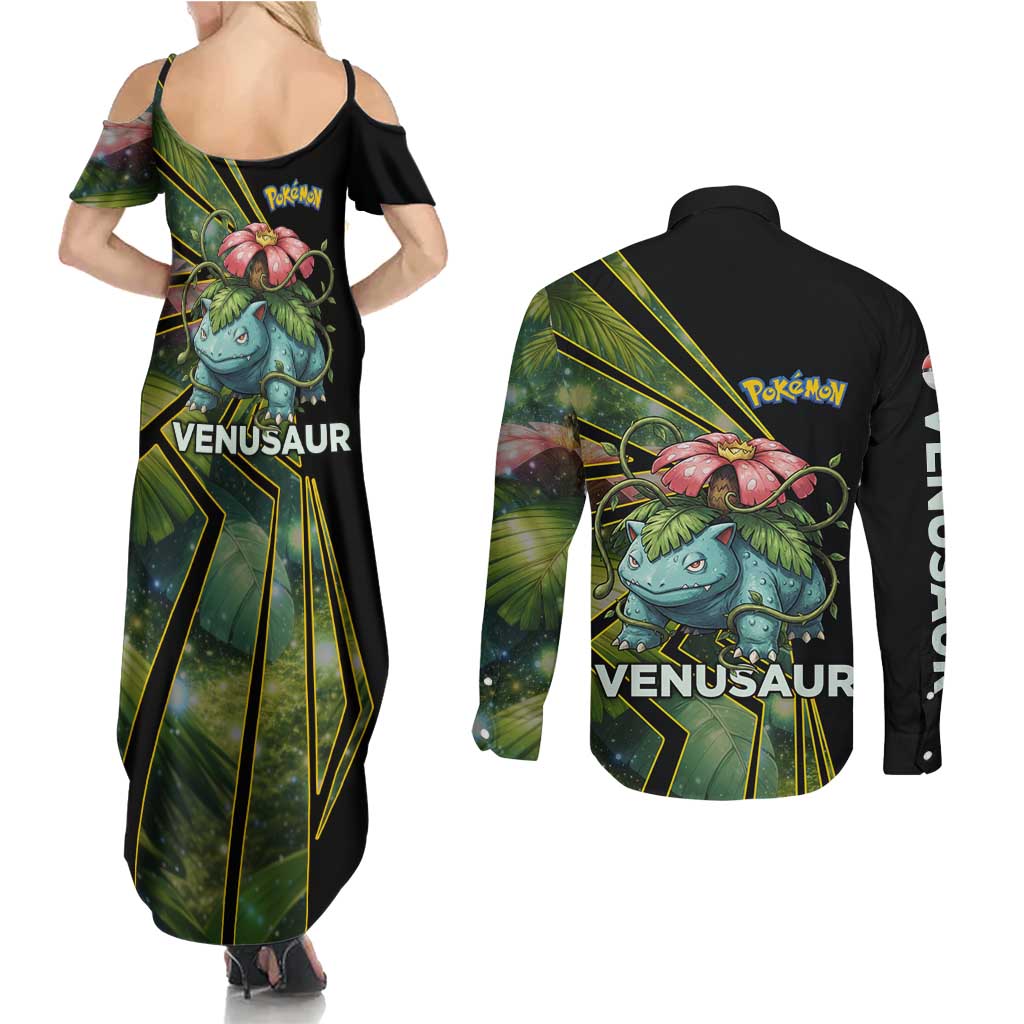Venusaur Poké Couples Matching Summer Maxi Dress and Long Sleeve Button Shirt Jungle Flora Comic Style