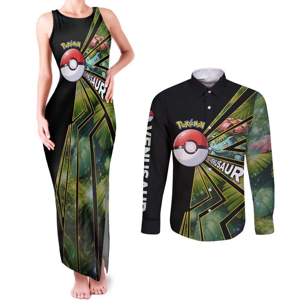 Venusaur Poké Couples Matching Tank Maxi Dress and Long Sleeve Button Shirt Jungle Flora Comic Style