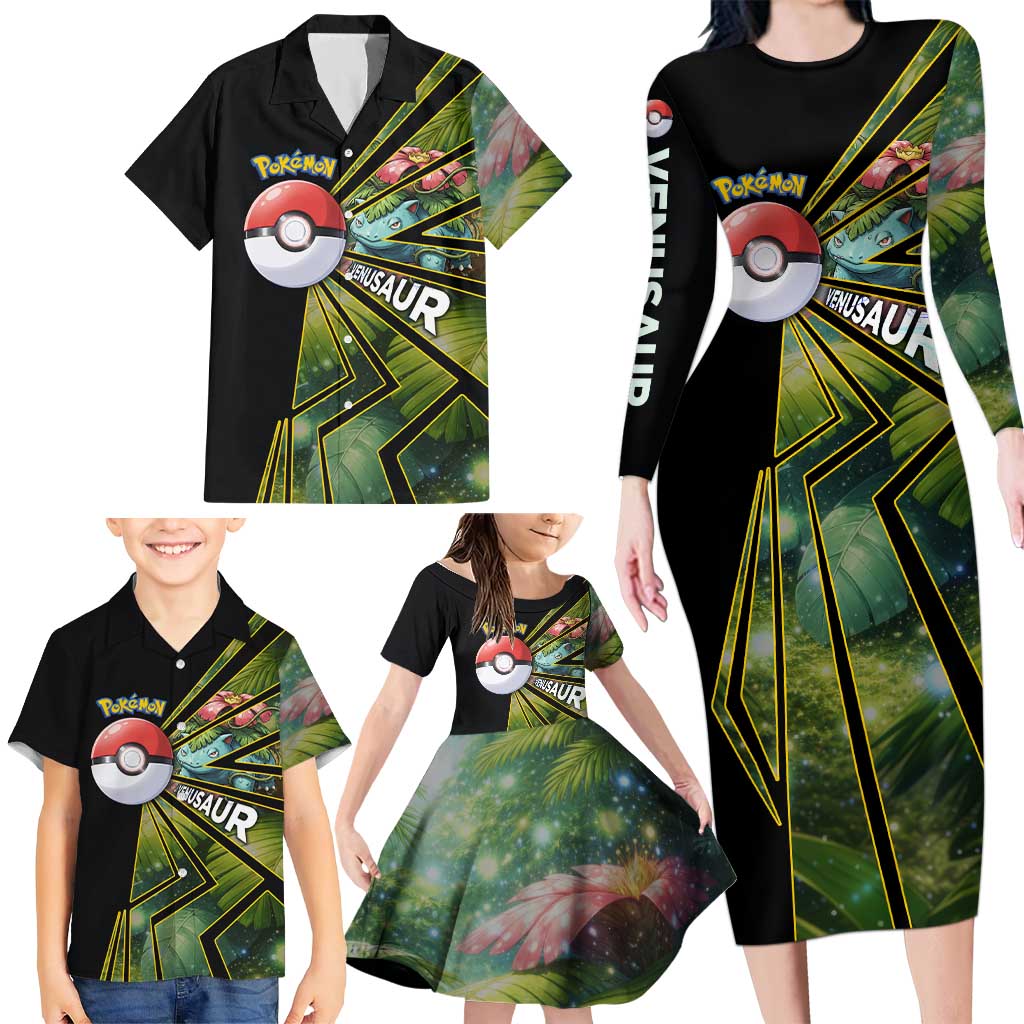 Venusaur Poké Family Matching Long Sleeve Bodycon Dress and Hawaiian Shirt Jungle Flora Comic Style