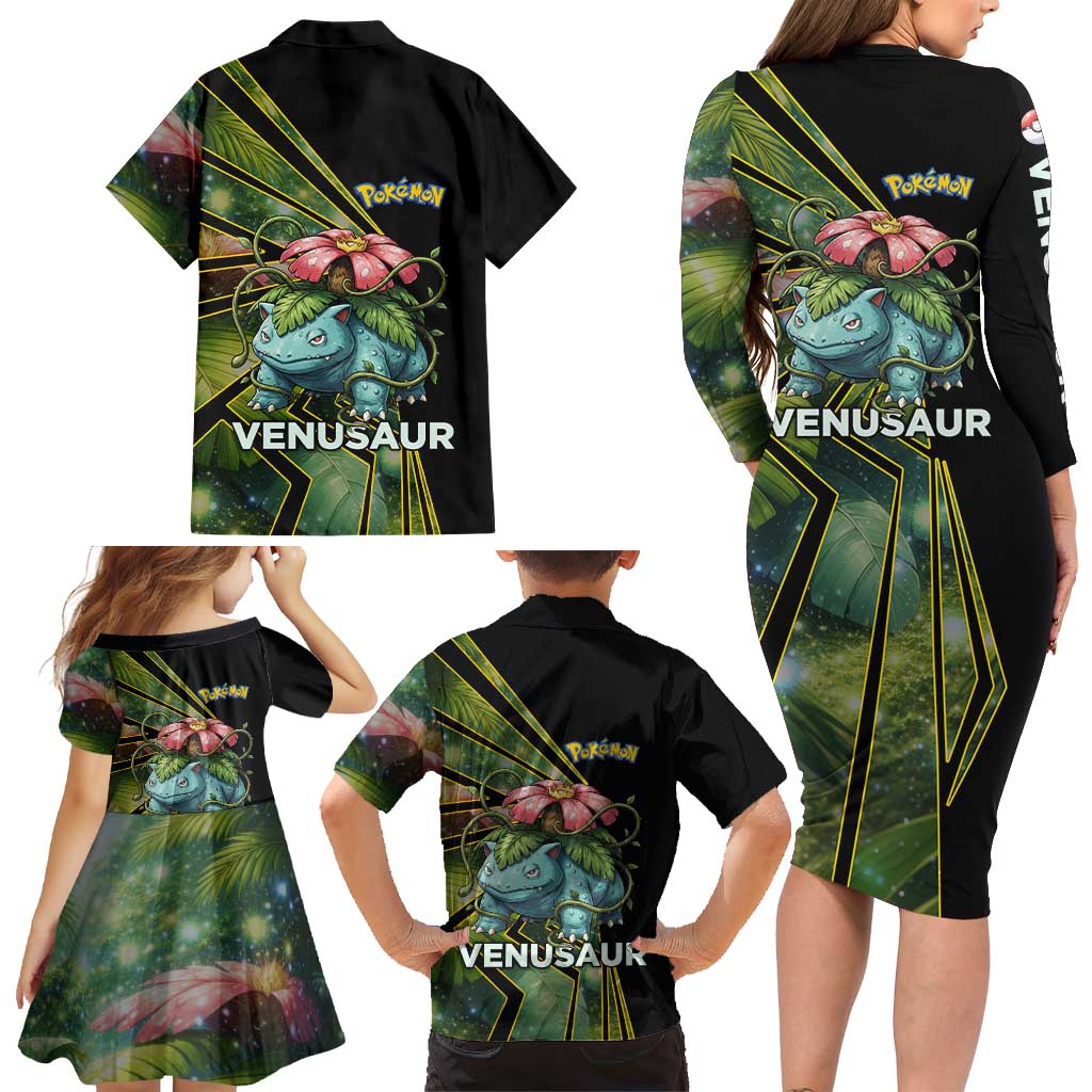 Venusaur Poké Family Matching Long Sleeve Bodycon Dress and Hawaiian Shirt Jungle Flora Comic Style