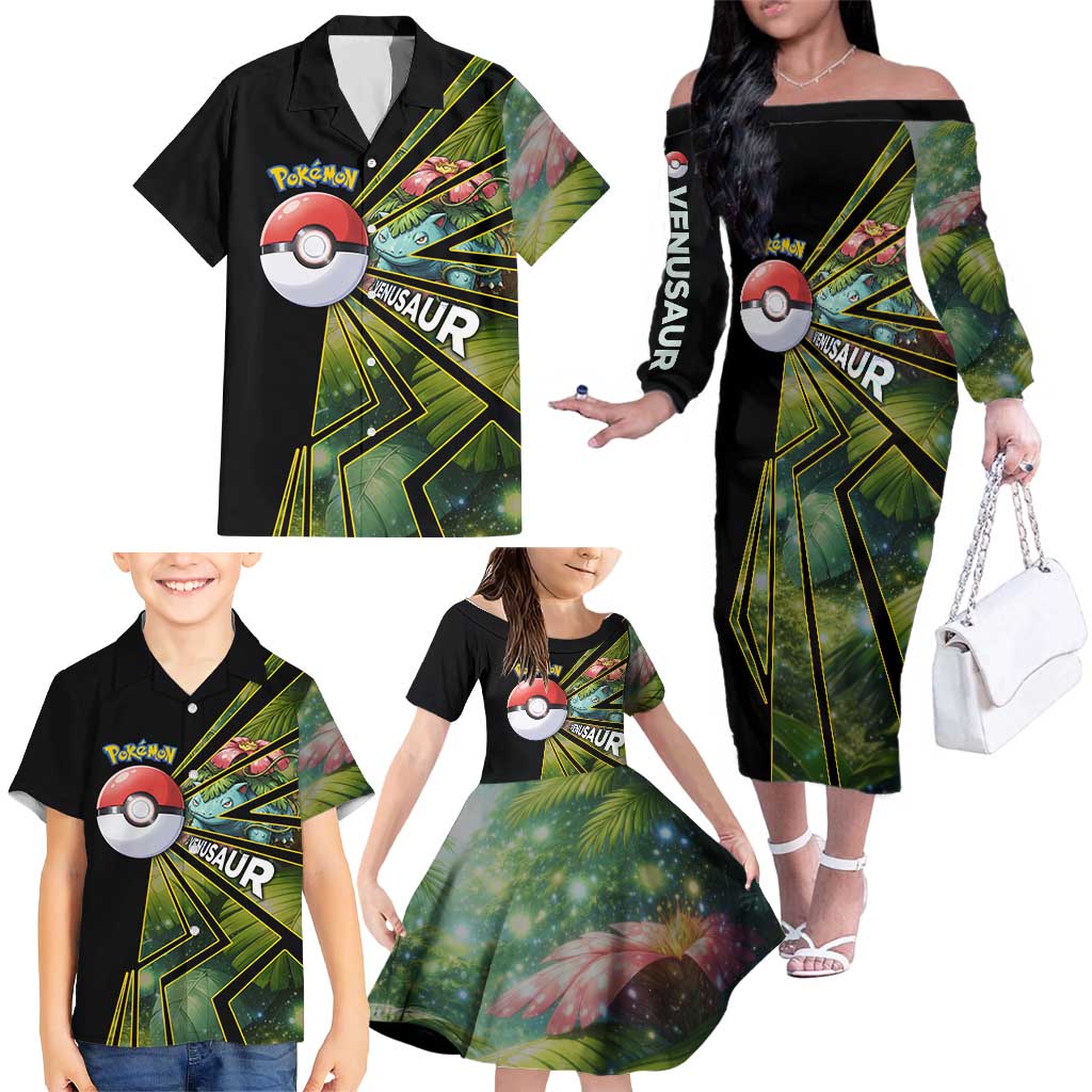 Venusaur Poké Family Matching Off The Shoulder Long Sleeve Dress and Hawaiian Shirt Jungle Flora Comic Style