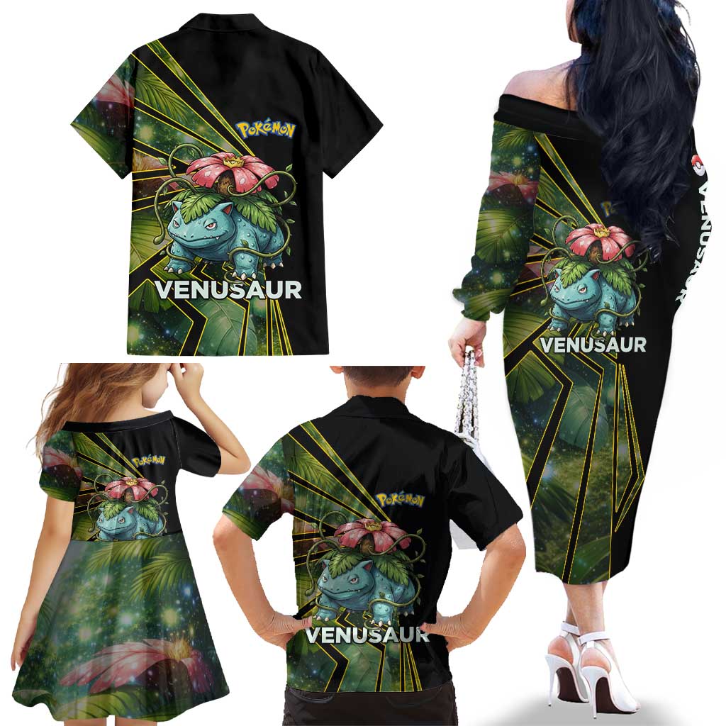 Venusaur Poké Family Matching Off The Shoulder Long Sleeve Dress and Hawaiian Shirt Jungle Flora Comic Style