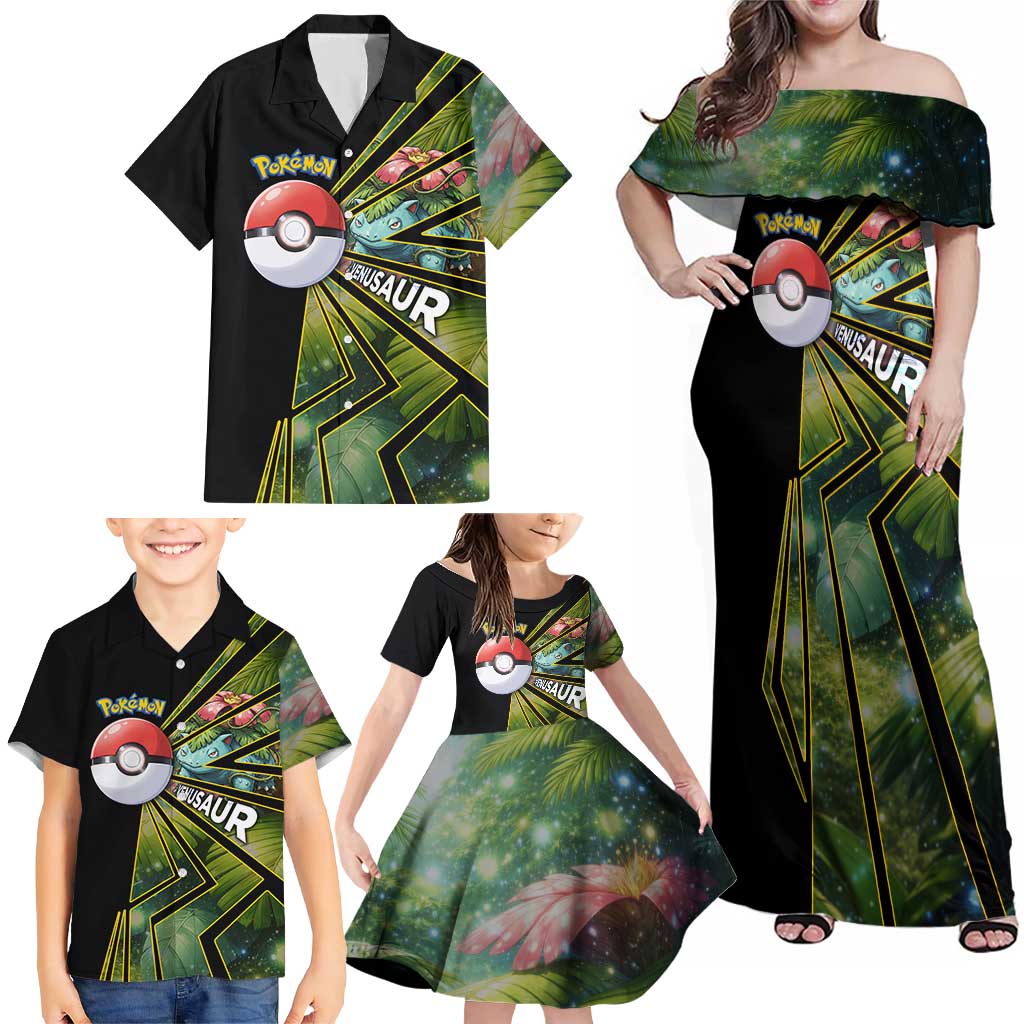 Venusaur Poké Family Matching Off Shoulder Maxi Dress and Hawaiian Shirt Jungle Flora Comic Style