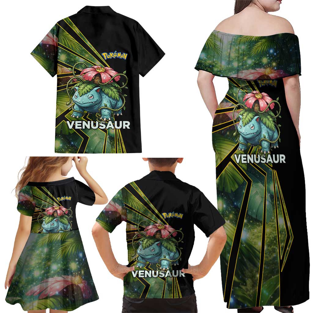Venusaur Poké Family Matching Off Shoulder Maxi Dress and Hawaiian Shirt Jungle Flora Comic Style