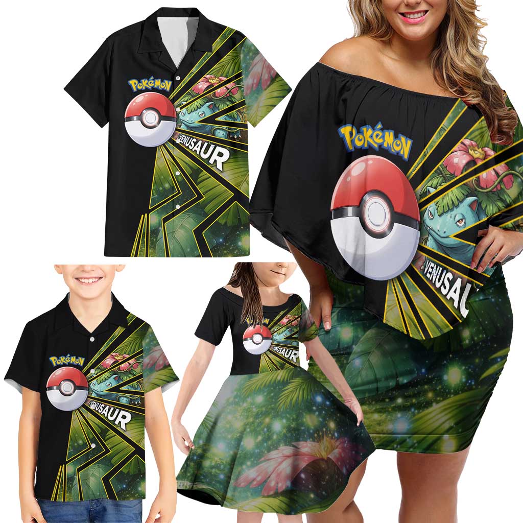 Venusaur Poké Family Matching Off Shoulder Short Dress and Hawaiian Shirt Jungle Flora Comic Style