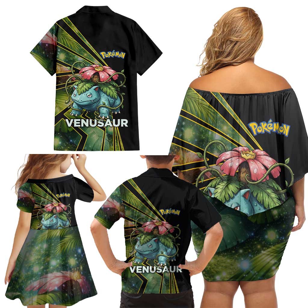 Venusaur Poké Family Matching Off Shoulder Short Dress and Hawaiian Shirt Jungle Flora Comic Style