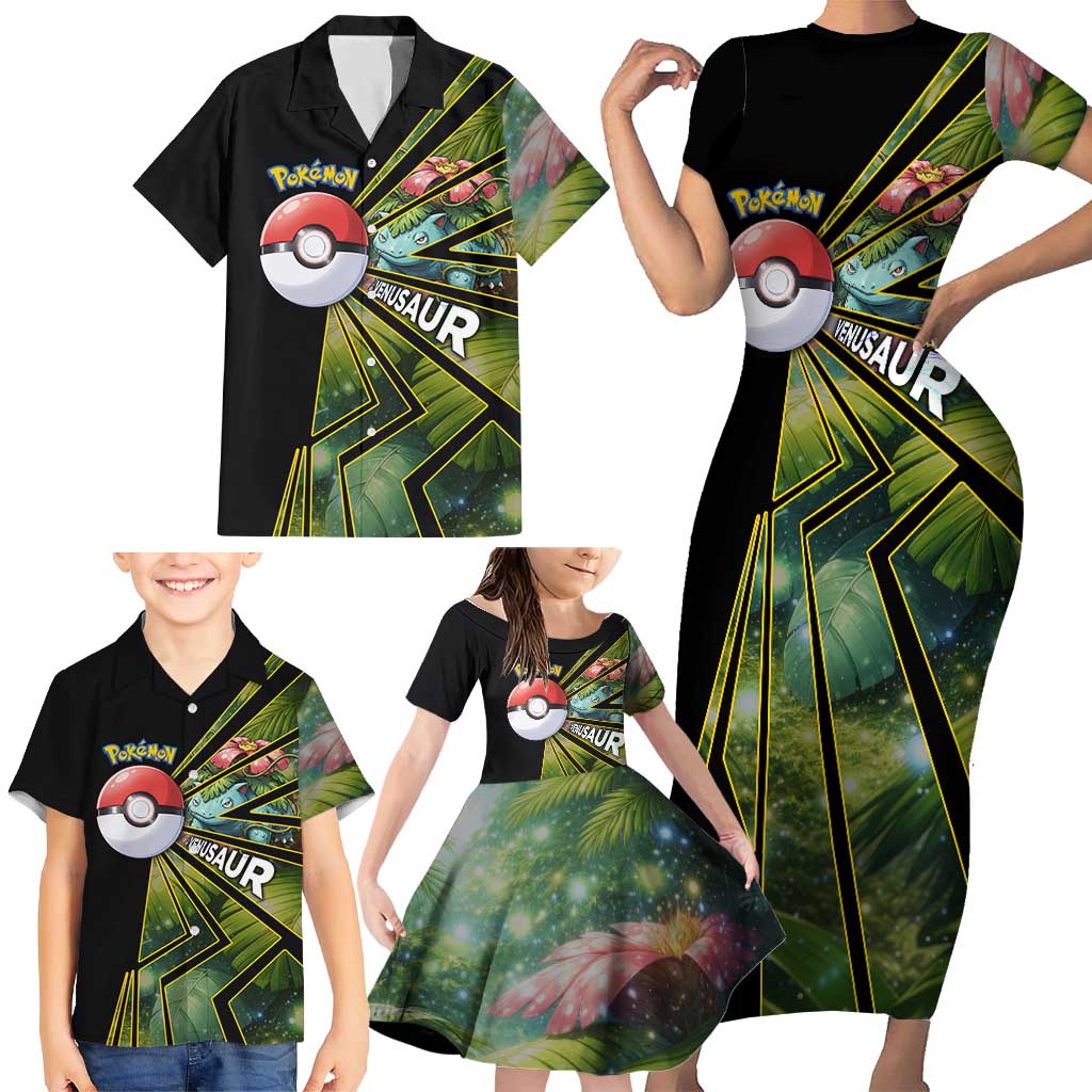 Venusaur Poké Family Matching Short Sleeve Bodycon Dress and Hawaiian Shirt Jungle Flora Comic Style