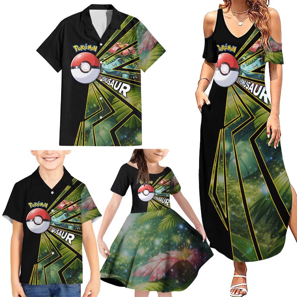 Venusaur Poké Family Matching Summer Maxi Dress and Hawaiian Shirt Jungle Flora Comic Style