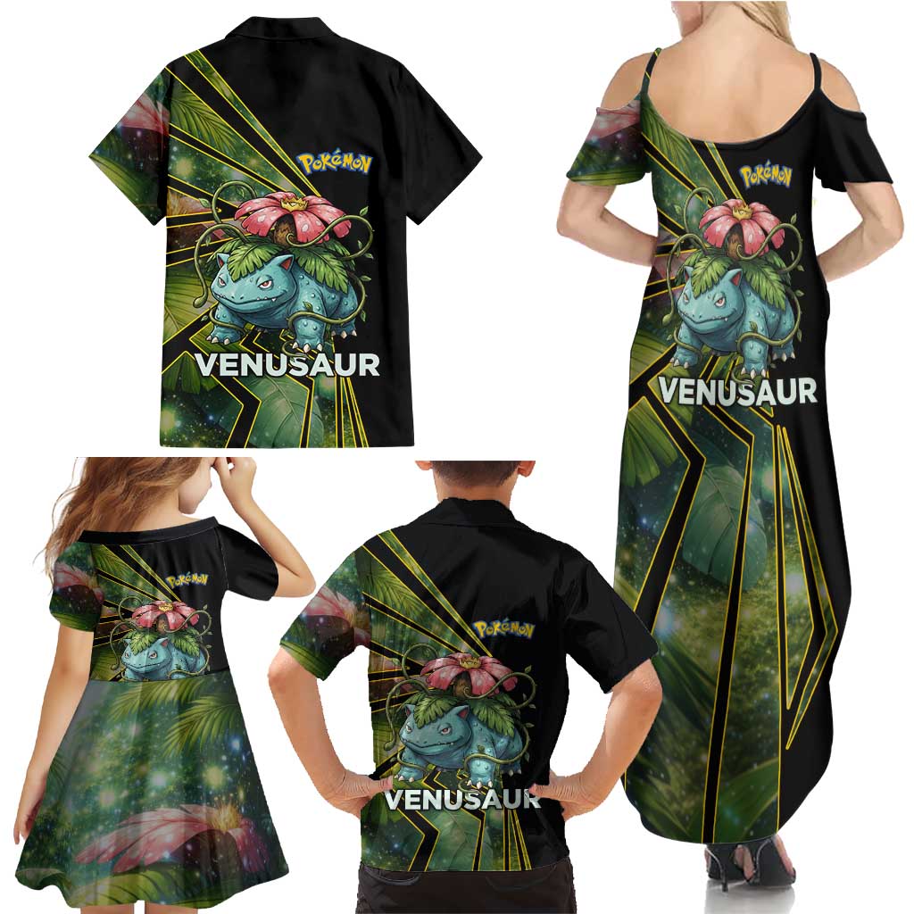 Venusaur Poké Family Matching Summer Maxi Dress and Hawaiian Shirt Jungle Flora Comic Style
