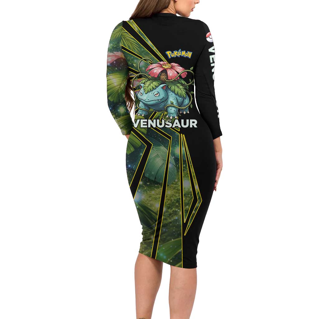 Venusaur Poké Long Sleeve Bodycon Dress Jungle Flora Comic Style