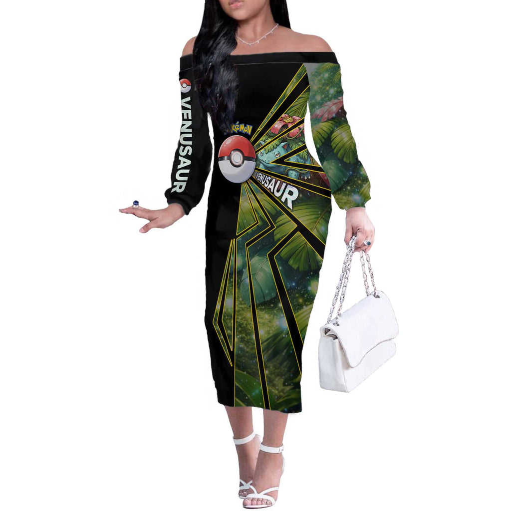 Venusaur Poké Off The Shoulder Long Sleeve Dress Jungle Flora Comic Style