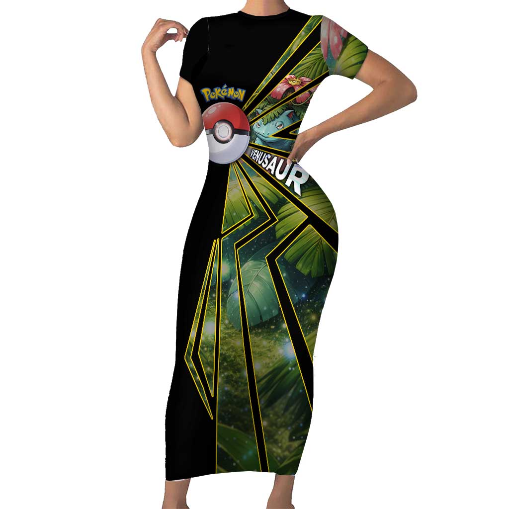 Venusaur Poké Short Sleeve Bodycon Dress Jungle Flora Comic Style