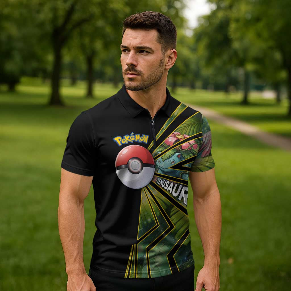 Venusaur Poké Zipper Polo Shirt Jungle Flora Comic Style