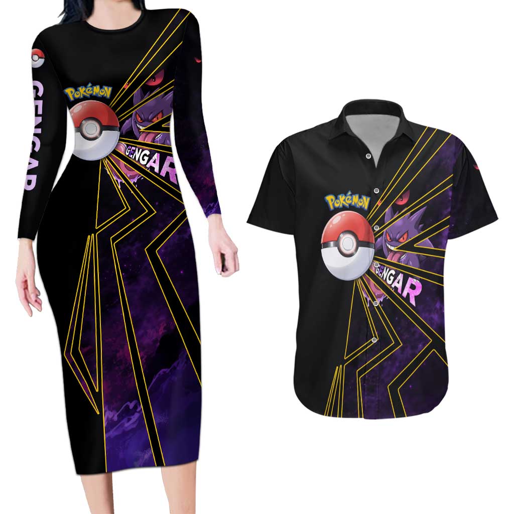 Gengar Poké Couples Matching Long Sleeve Bodycon Dress and Hawaiian Shirt Neon Shadow Comic Style