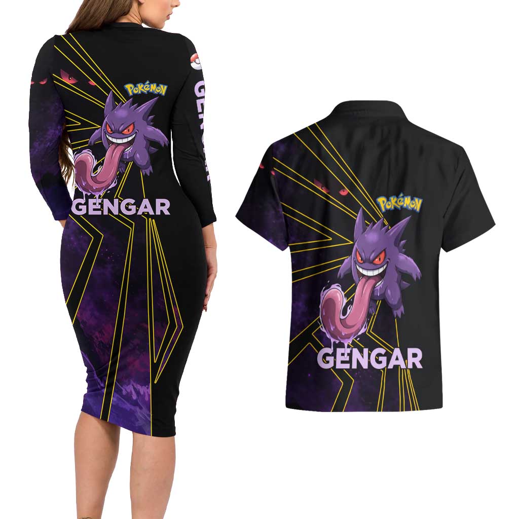 Gengar Poké Couples Matching Long Sleeve Bodycon Dress and Hawaiian Shirt Neon Shadow Comic Style