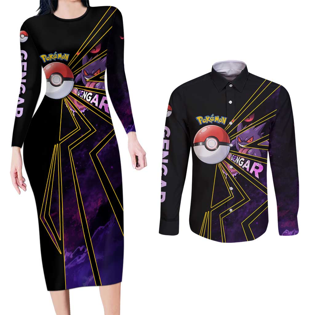 Gengar Poké Couples Matching Long Sleeve Bodycon Dress and Long Sleeve Button Shirt Neon Shadow Comic Style