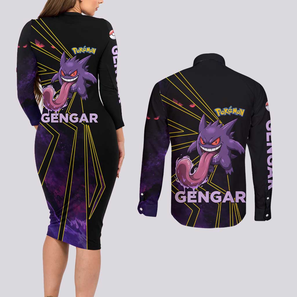 Gengar Poké Couples Matching Long Sleeve Bodycon Dress and Long Sleeve Button Shirt Neon Shadow Comic Style