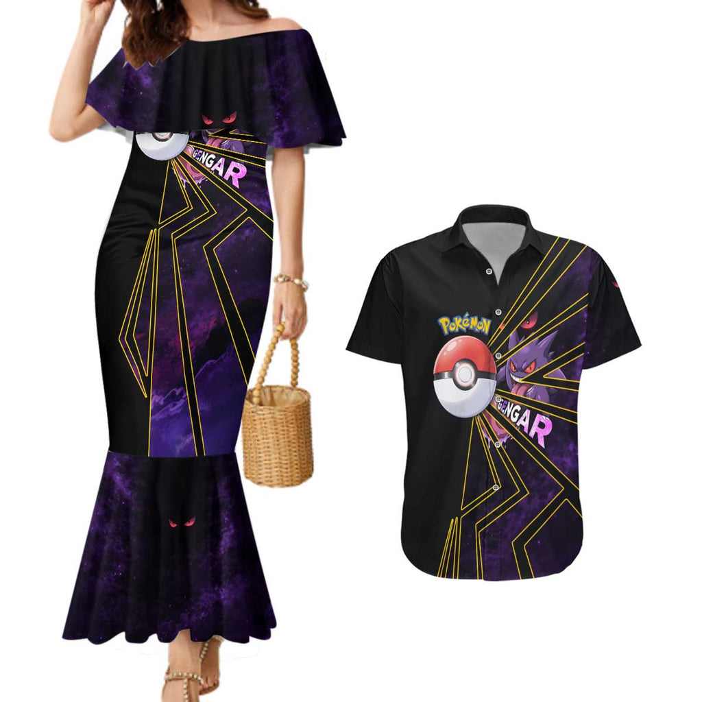 Gengar Poké Couples Matching Mermaid Dress and Hawaiian Shirt Neon Shadow Comic Style