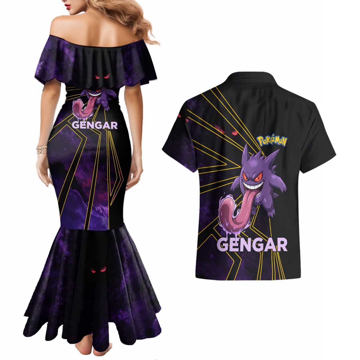 Gengar Poké Couples Matching Mermaid Dress and Hawaiian Shirt Neon Shadow Comic Style