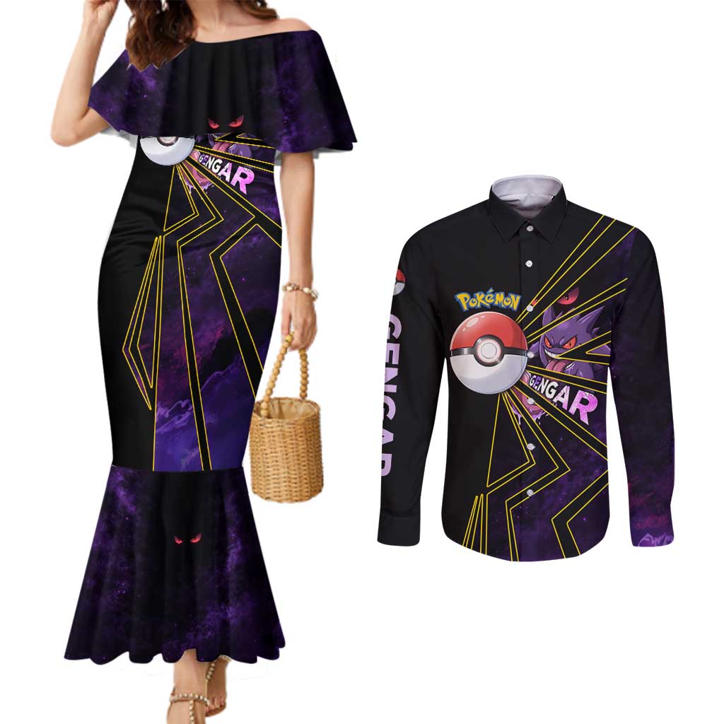 Gengar Poké Couples Matching Mermaid Dress and Long Sleeve Button Shirt Neon Shadow Comic Style