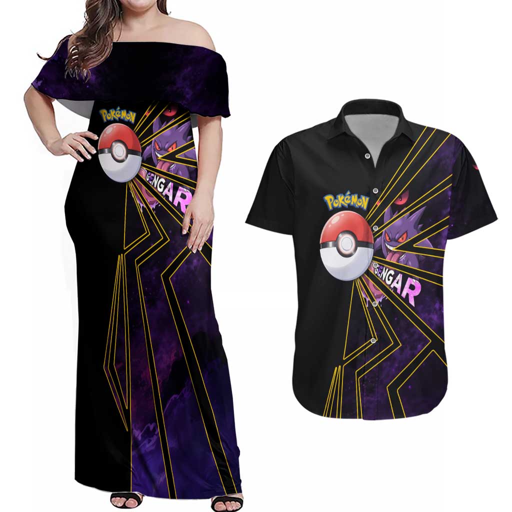 Gengar Poké Couples Matching Off Shoulder Maxi Dress and Hawaiian Shirt Neon Shadow Comic Style