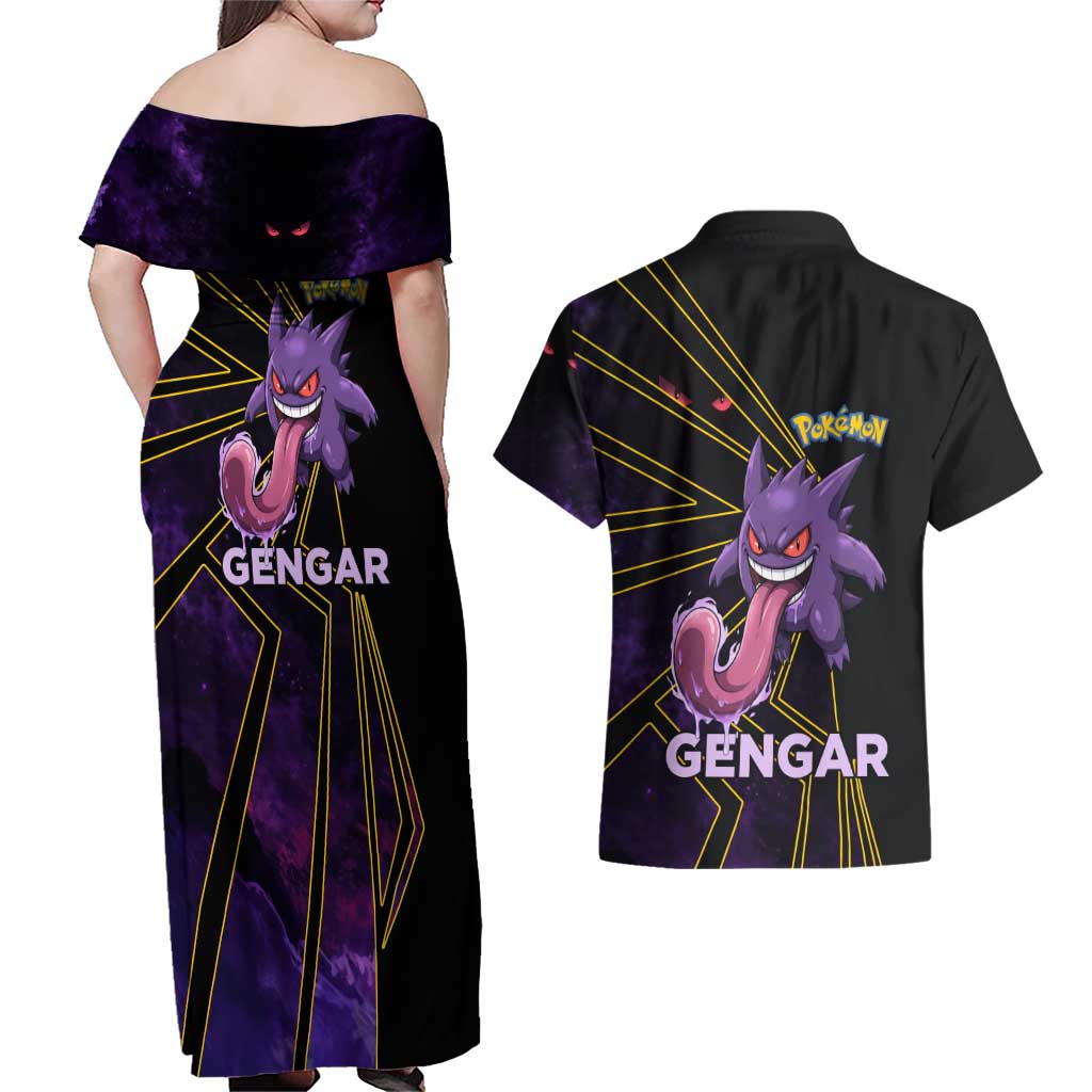 Gengar Poké Couples Matching Off Shoulder Maxi Dress and Hawaiian Shirt Neon Shadow Comic Style