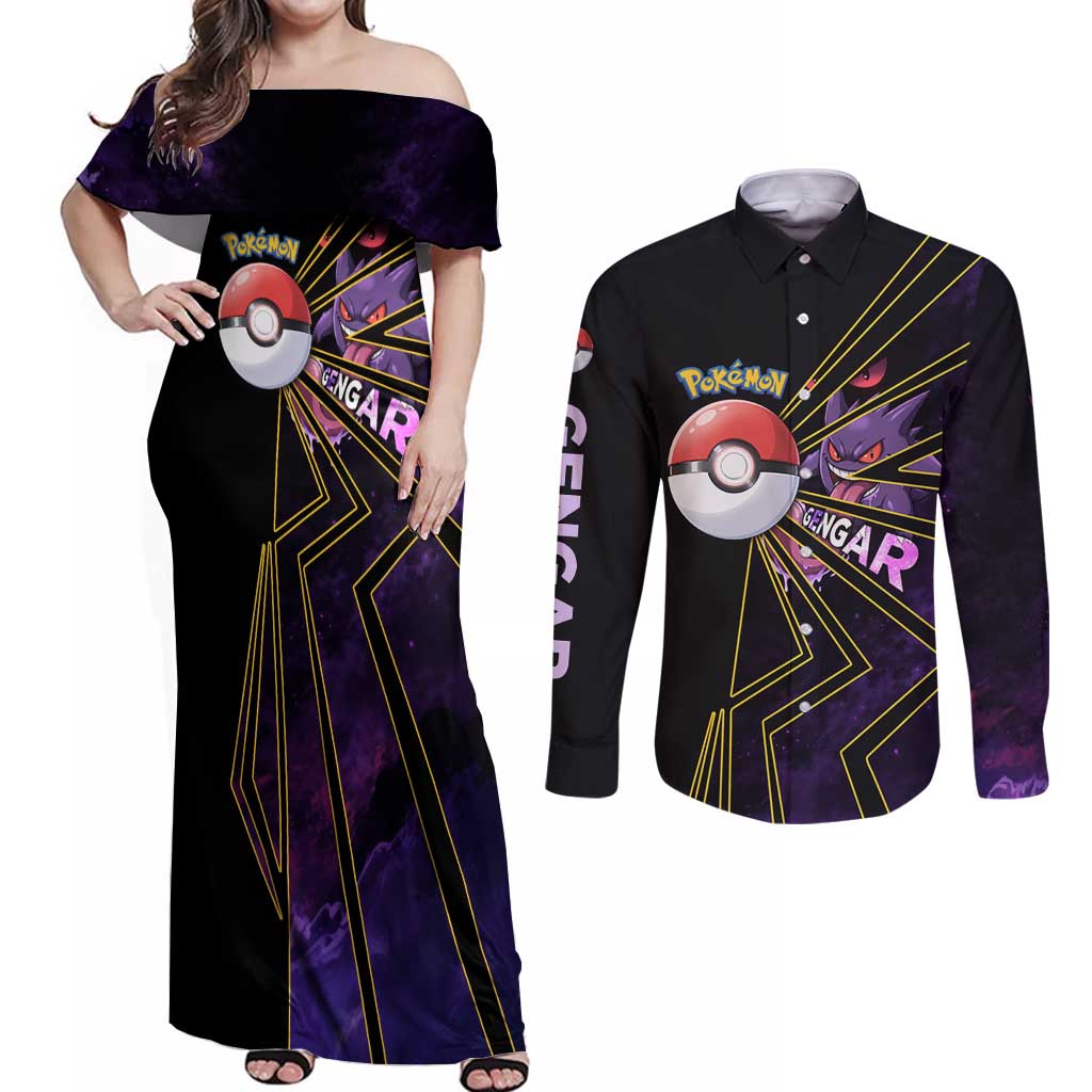 Gengar Poké Couples Matching Off Shoulder Maxi Dress and Long Sleeve Button Shirt Neon Shadow Comic Style