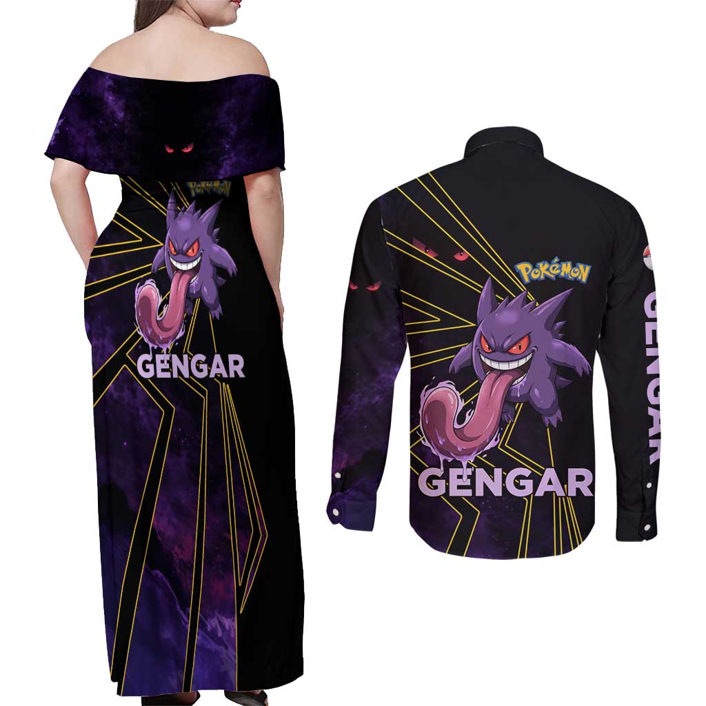 Gengar Poké Couples Matching Off Shoulder Maxi Dress and Long Sleeve Button Shirt Neon Shadow Comic Style
