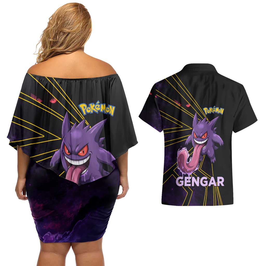 Gengar Poké Couples Matching Off Shoulder Short Dress and Hawaiian Shirt Neon Shadow Comic Style