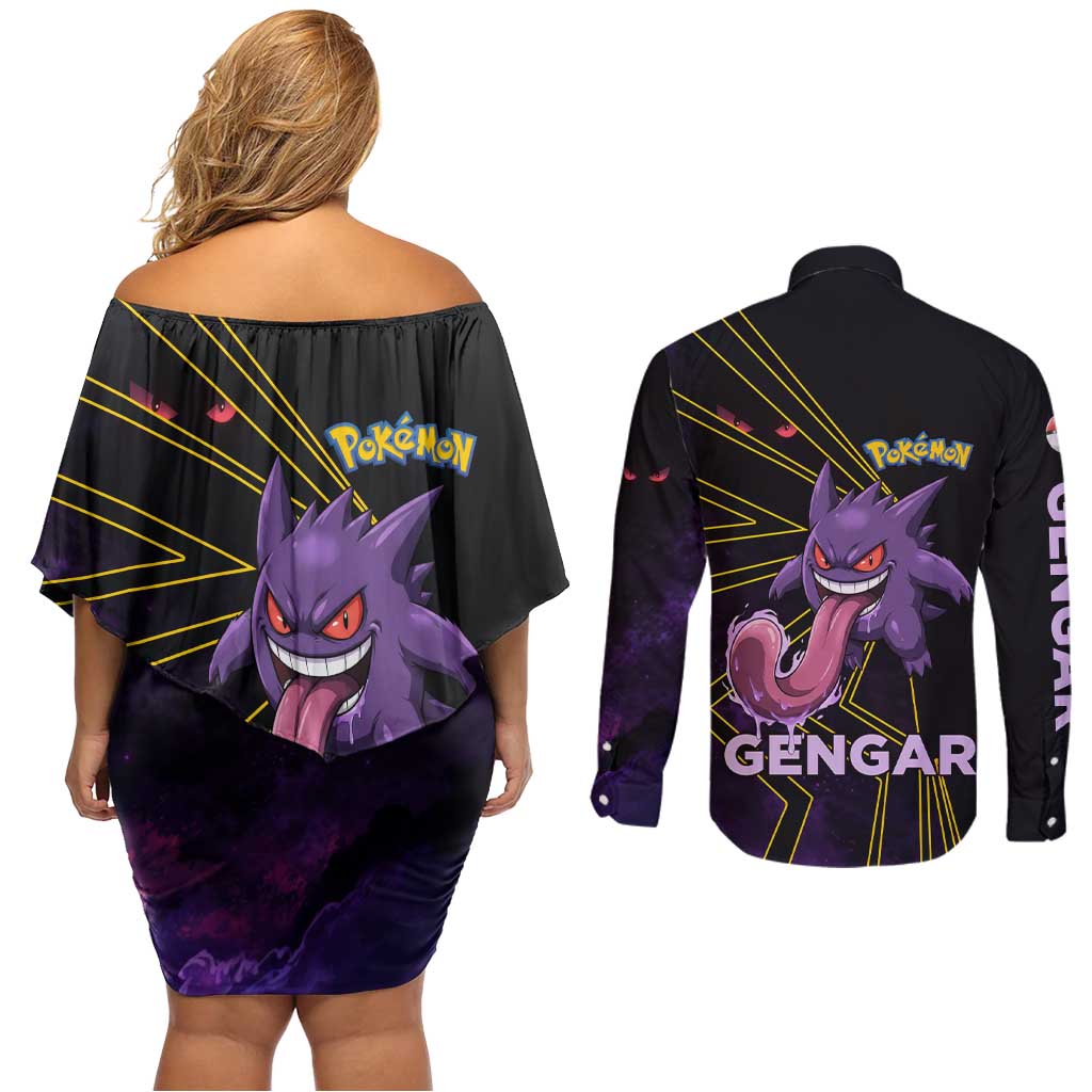 Gengar Poké Couples Matching Off Shoulder Short Dress and Long Sleeve Button Shirt Neon Shadow Comic Style