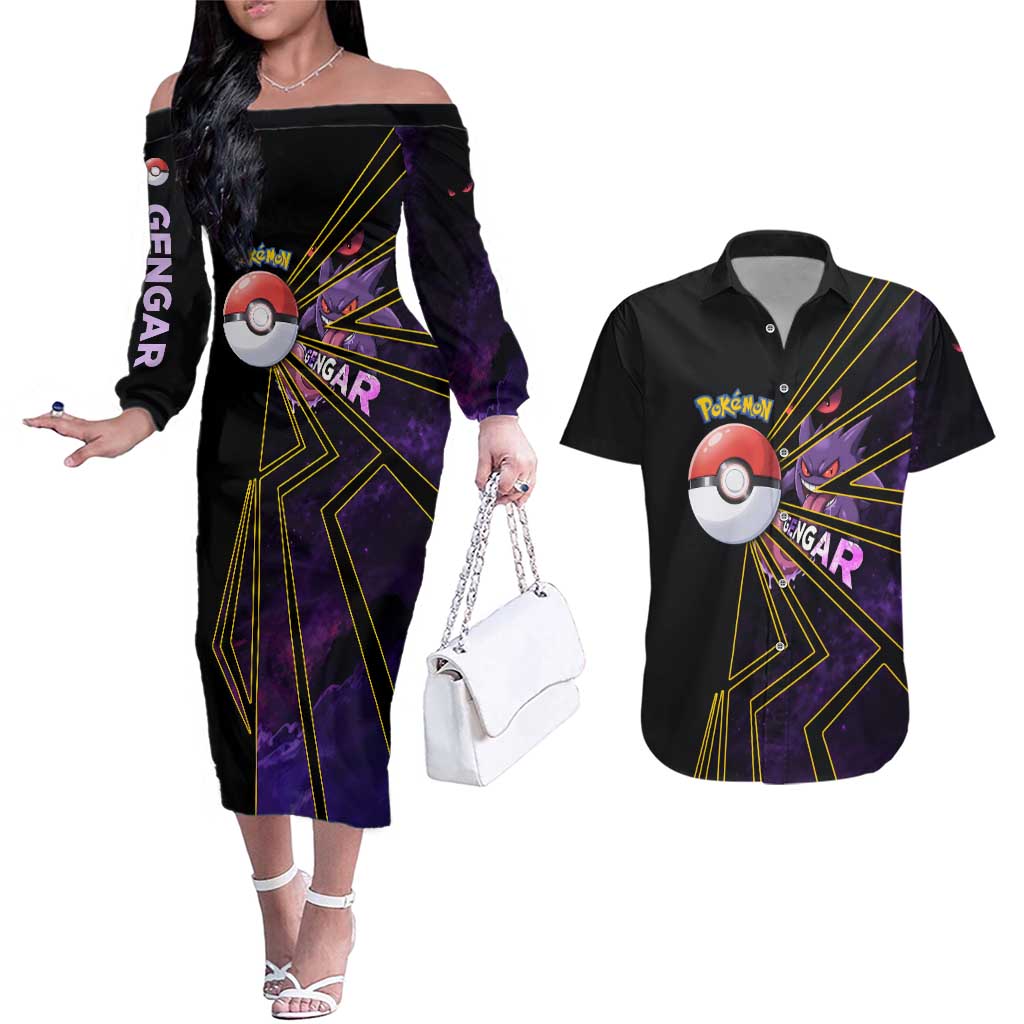 Gengar Poké Couples Matching Off The Shoulder Long Sleeve Dress and Hawaiian Shirt Neon Shadow Comic Style