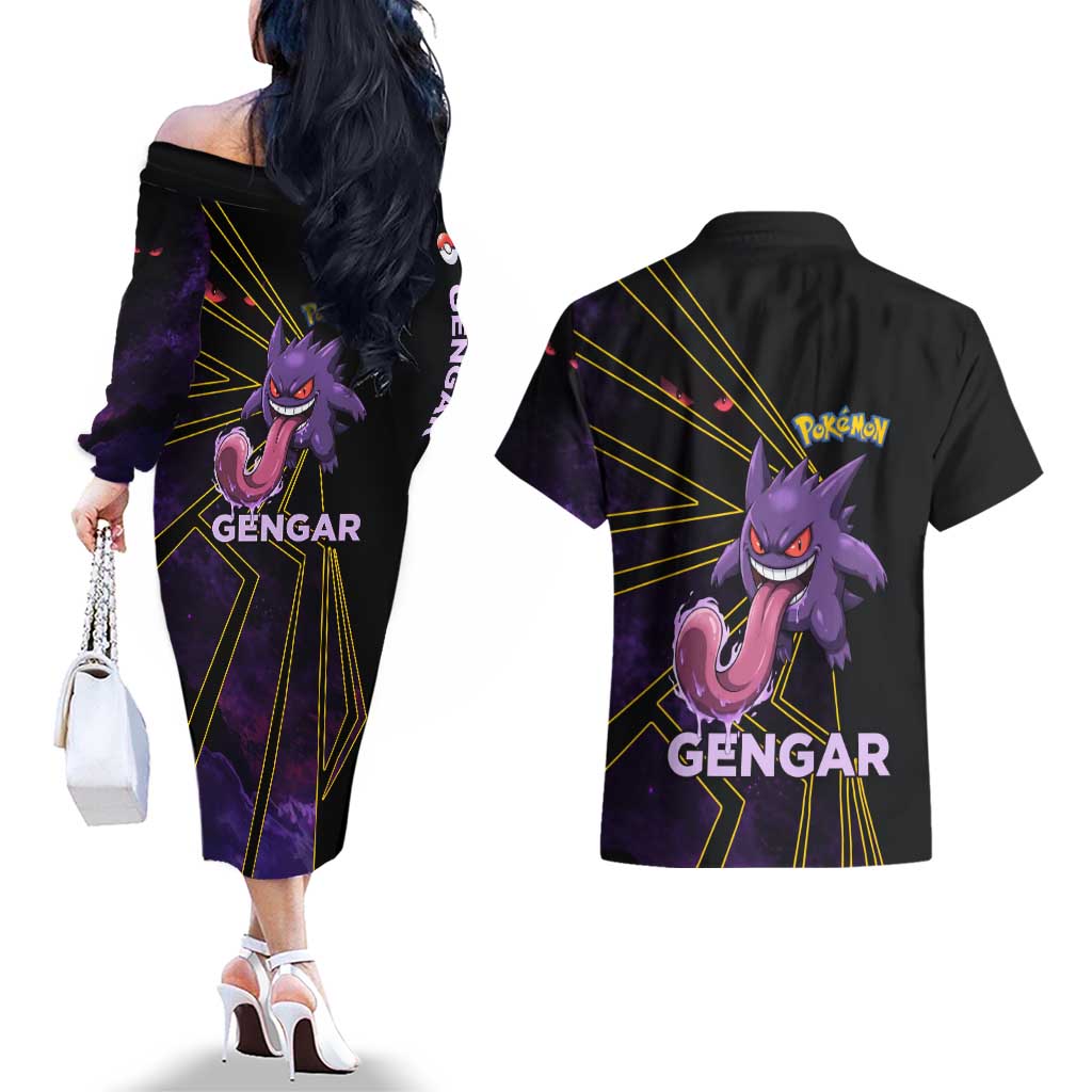 Gengar Poké Couples Matching Off The Shoulder Long Sleeve Dress and Hawaiian Shirt Neon Shadow Comic Style