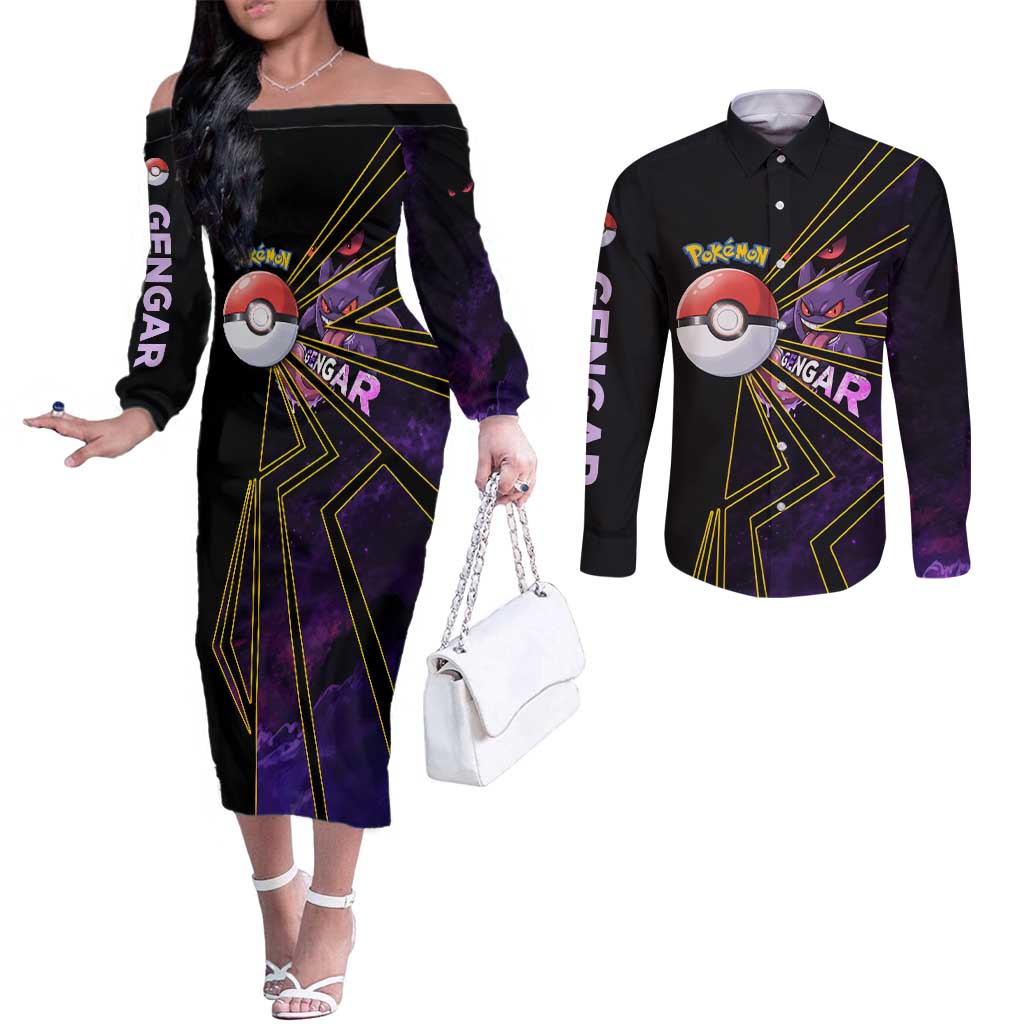 Gengar Poké Couples Matching Off The Shoulder Long Sleeve Dress and Long Sleeve Button Shirt Neon Shadow Comic Style