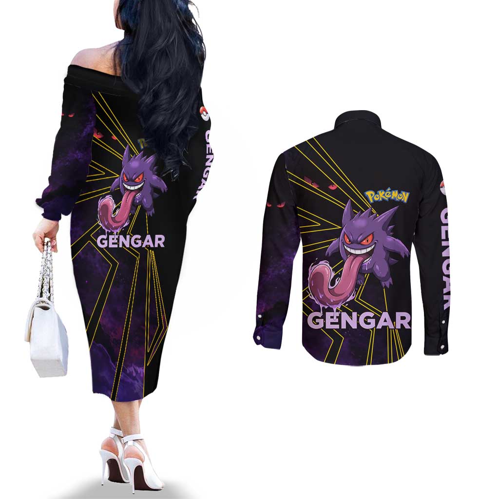 Gengar Poké Couples Matching Off The Shoulder Long Sleeve Dress and Long Sleeve Button Shirt Neon Shadow Comic Style