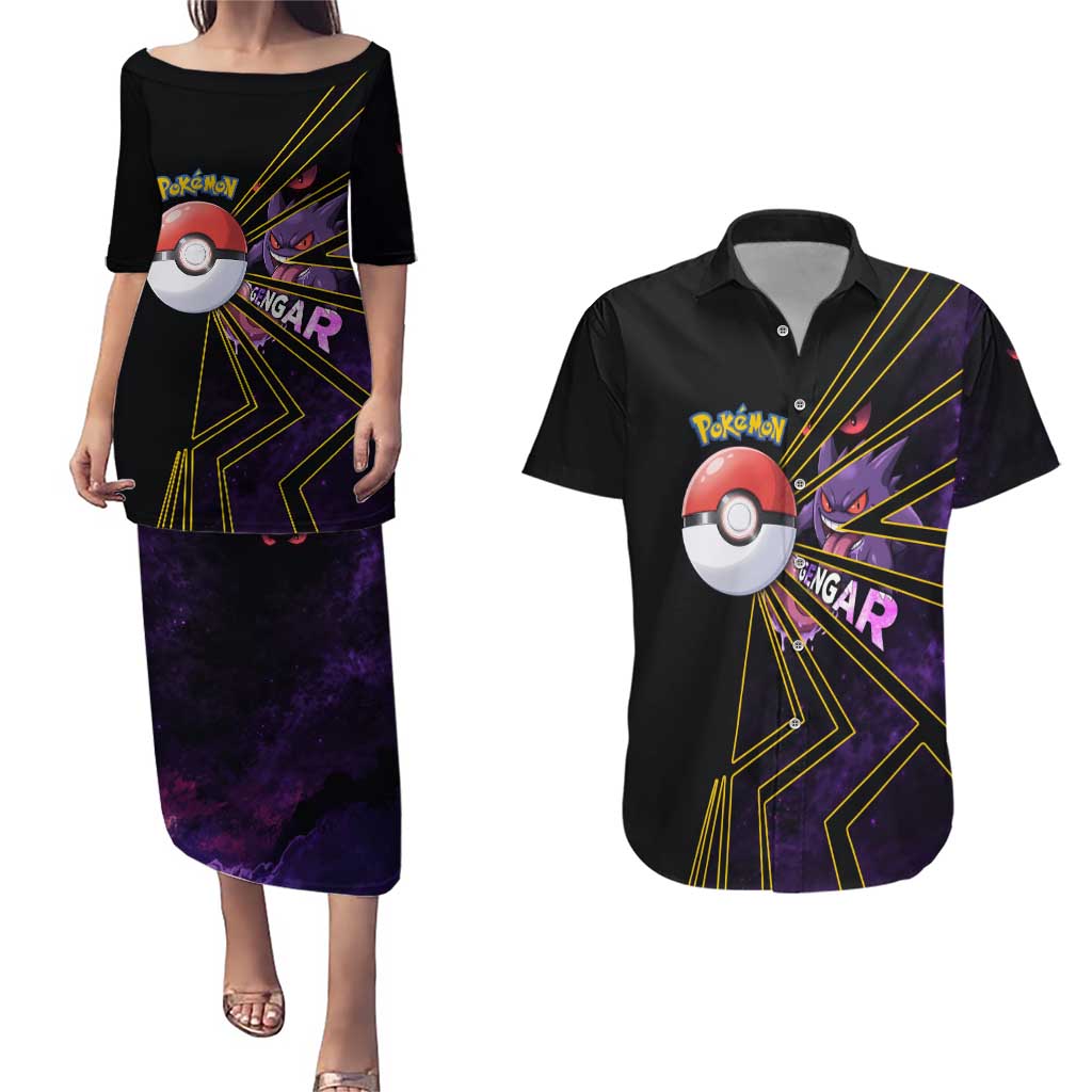 Gengar Poké Couples Matching Puletasi and Hawaiian Shirt Neon Shadow Comic Style