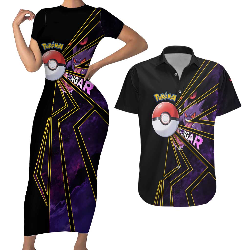 Gengar Poké Couples Matching Short Sleeve Bodycon Dress and Hawaiian Shirt Neon Shadow Comic Style