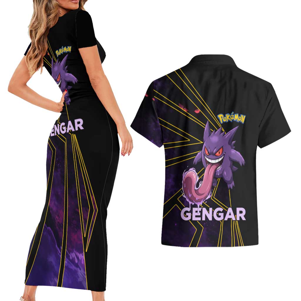 Gengar Poké Couples Matching Short Sleeve Bodycon Dress and Hawaiian Shirt Neon Shadow Comic Style
