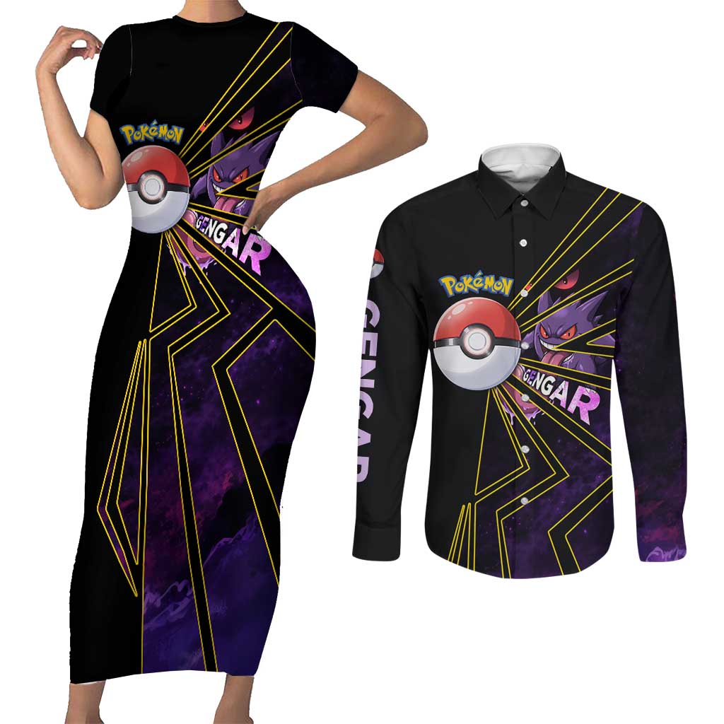 Gengar Poké Couples Matching Short Sleeve Bodycon Dress and Long Sleeve Button Shirt Neon Shadow Comic Style