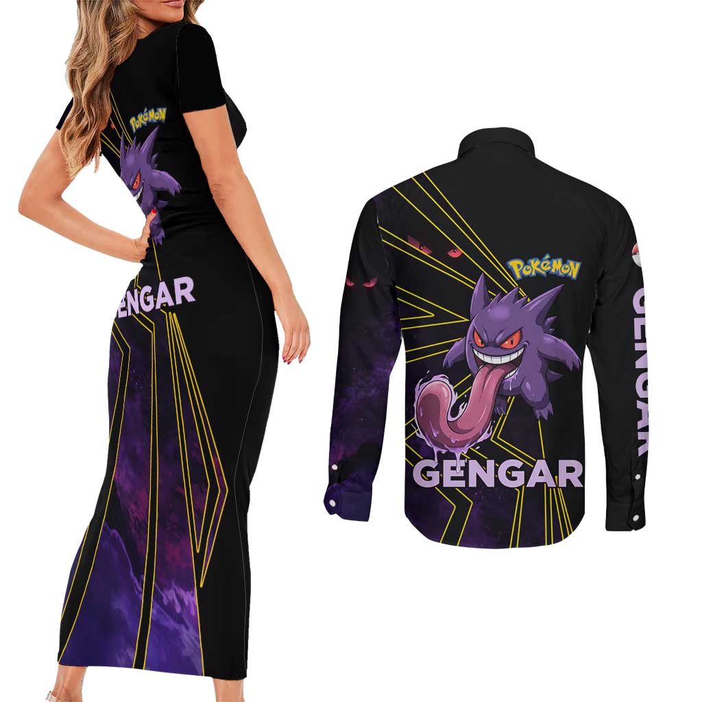 Gengar Poké Couples Matching Short Sleeve Bodycon Dress and Long Sleeve Button Shirt Neon Shadow Comic Style