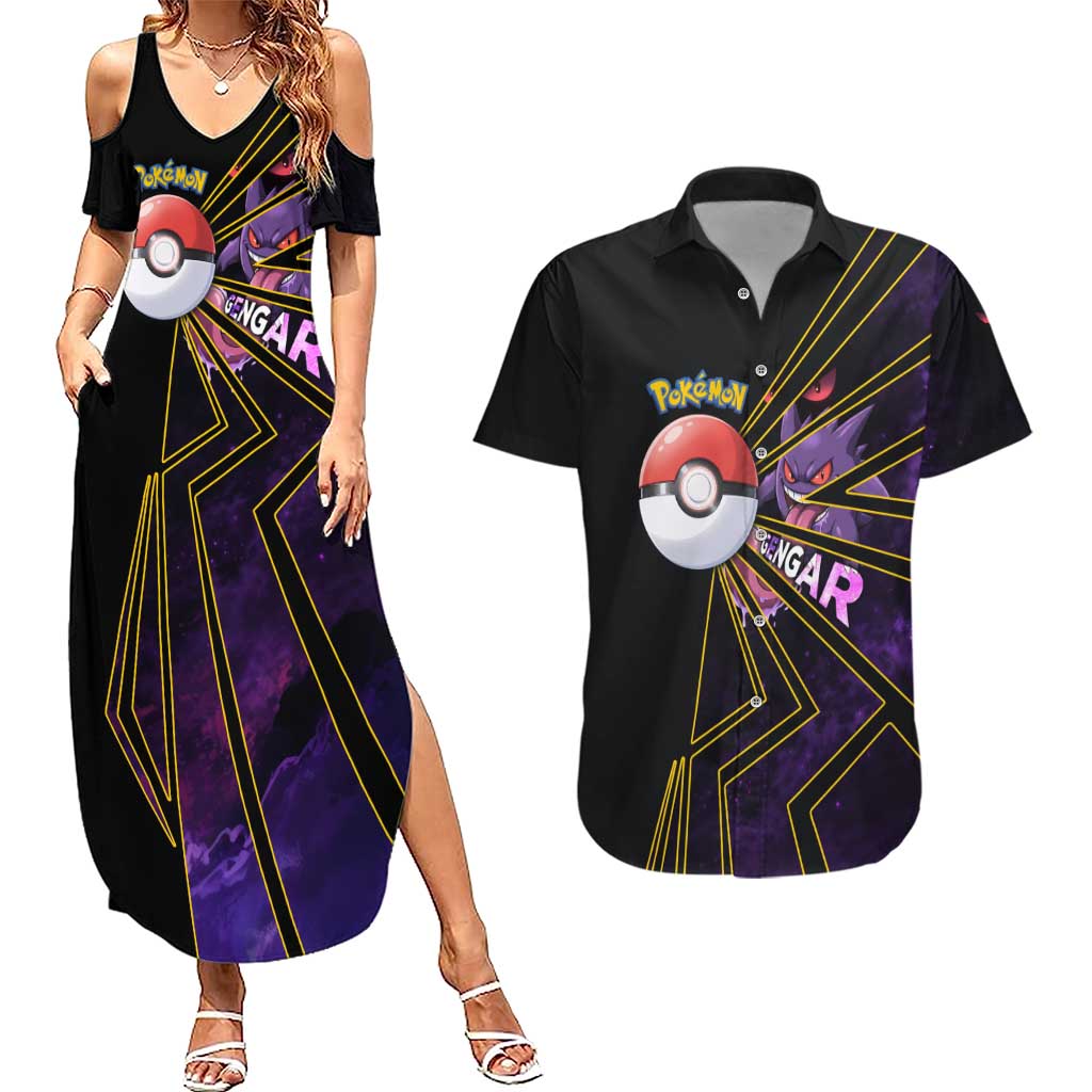 Gengar Poké Couples Matching Summer Maxi Dress and Hawaiian Shirt Neon Shadow Comic Style