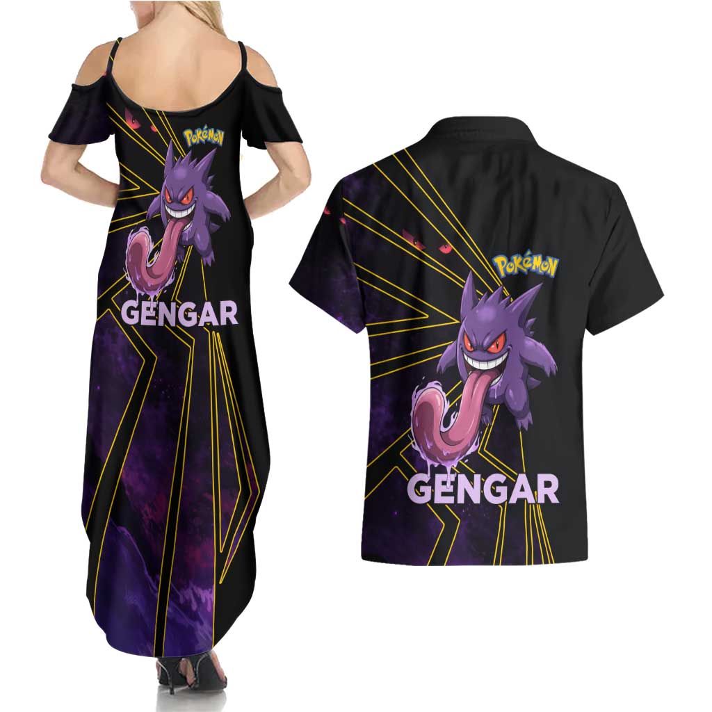 Gengar Poké Couples Matching Summer Maxi Dress and Hawaiian Shirt Neon Shadow Comic Style