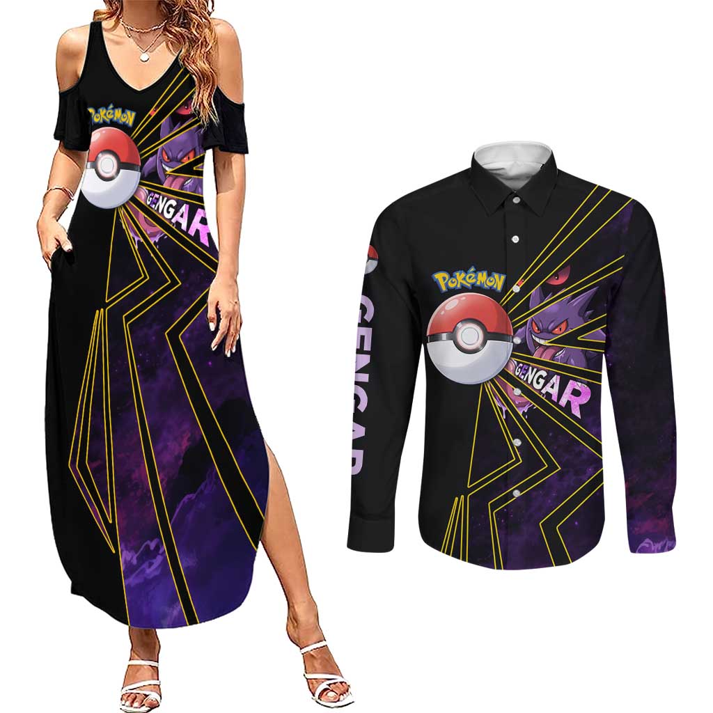 Gengar Poké Couples Matching Summer Maxi Dress and Long Sleeve Button Shirt Neon Shadow Comic Style