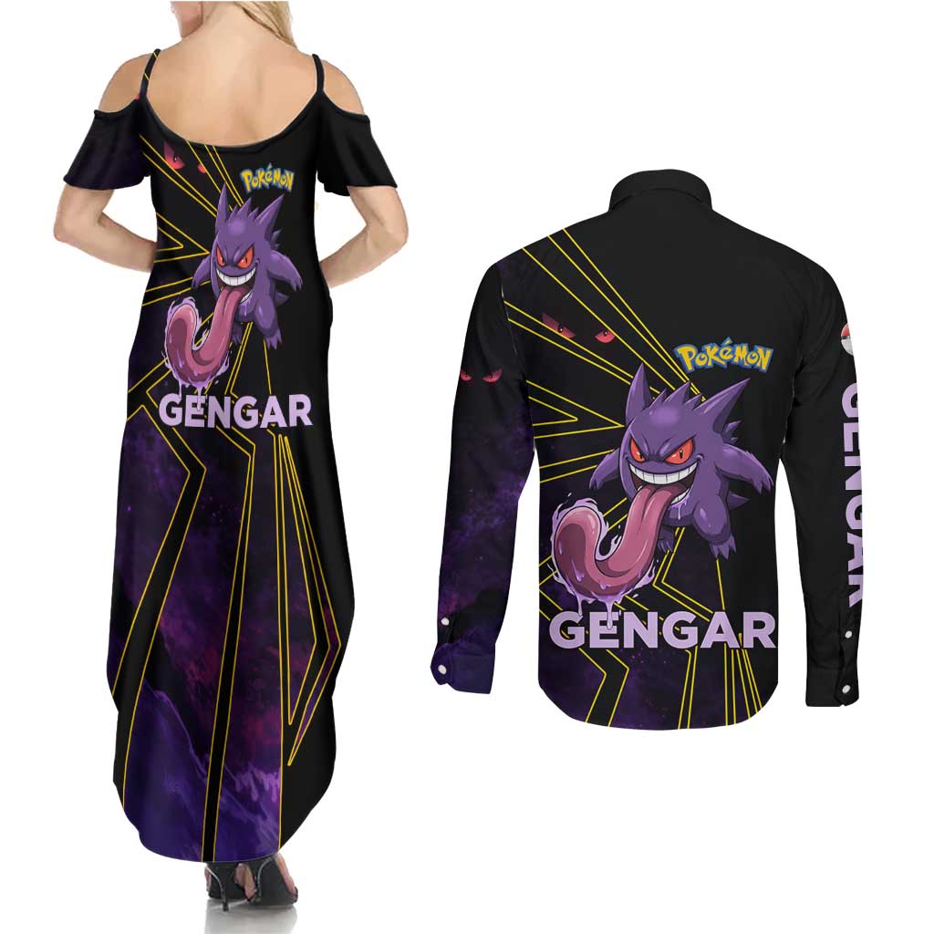Gengar Poké Couples Matching Summer Maxi Dress and Long Sleeve Button Shirt Neon Shadow Comic Style