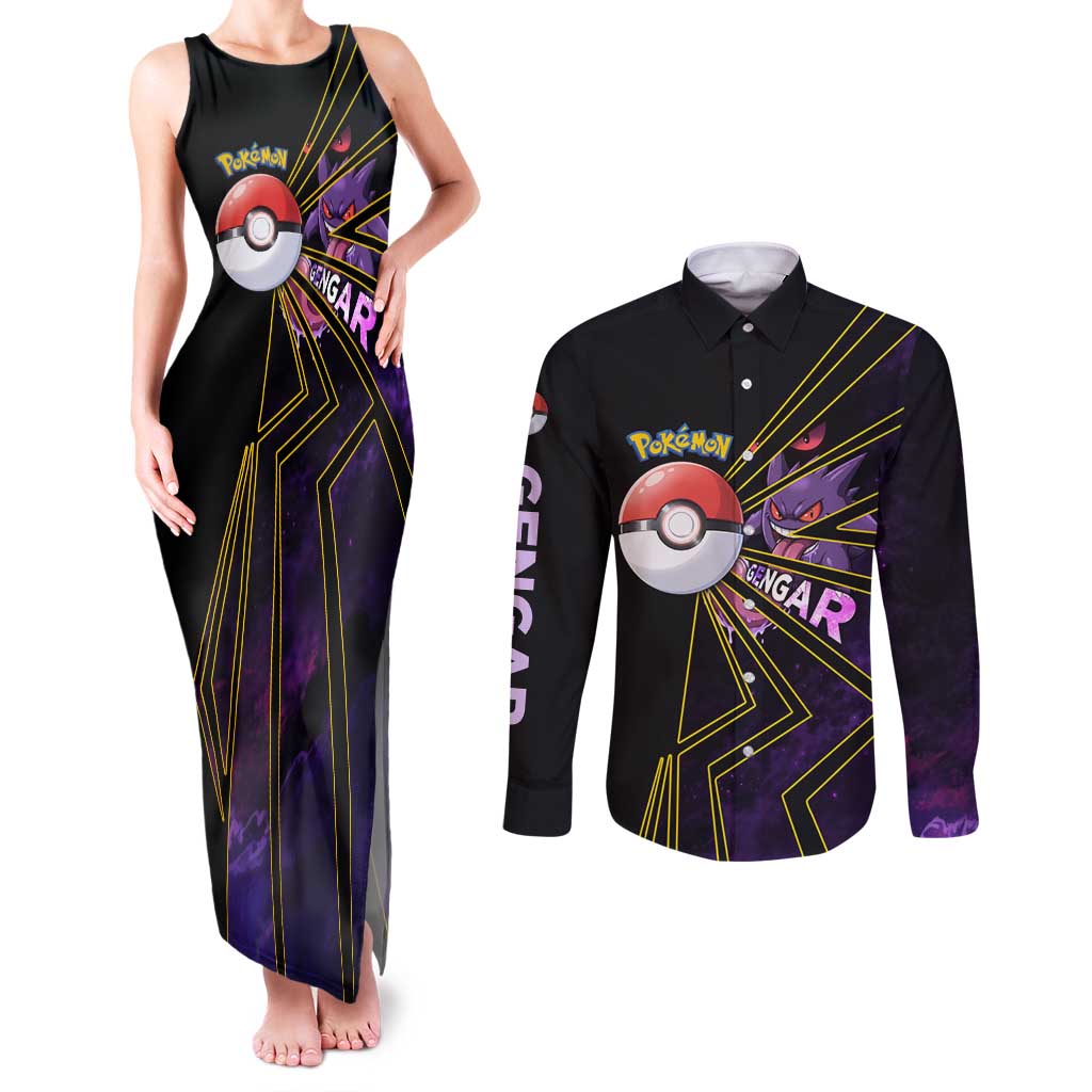 Gengar Poké Couples Matching Tank Maxi Dress and Long Sleeve Button Shirt Neon Shadow Comic Style