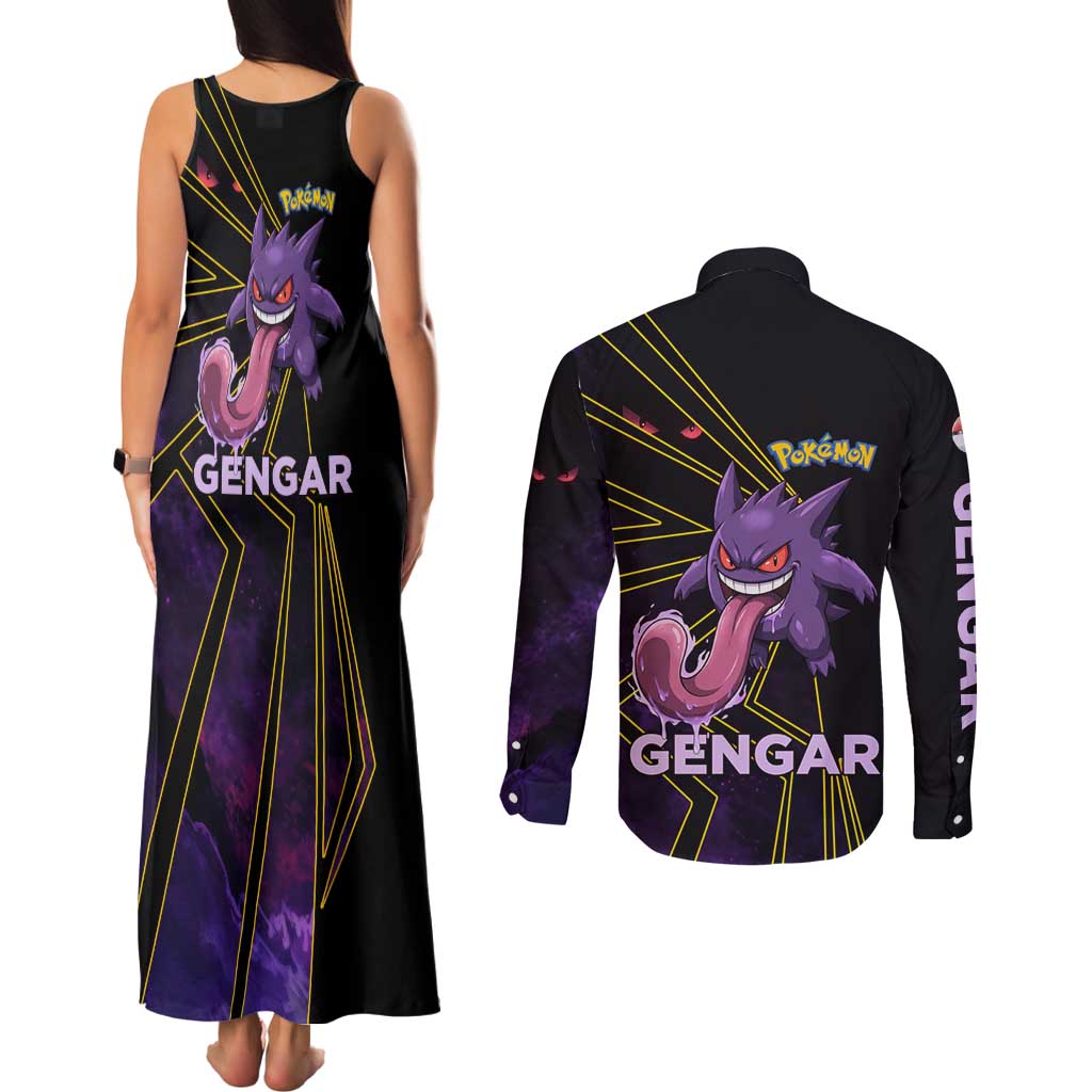 Gengar Poké Couples Matching Tank Maxi Dress and Long Sleeve Button Shirt Neon Shadow Comic Style